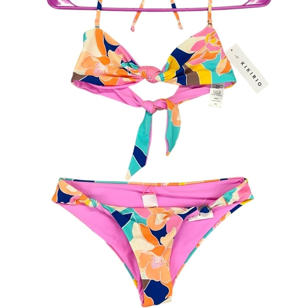 Kikirio Size XS Floral Triangle Bikini 2pc Set Pink Orange Adj Tie Strap Top NWT